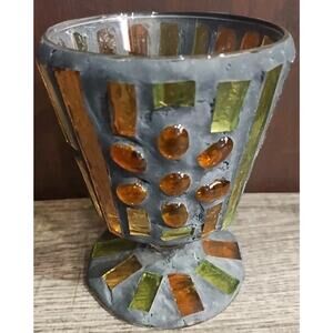 Stained glass wine Glass Chalice Vessel chunky orange green 70s heavy OOAK decor